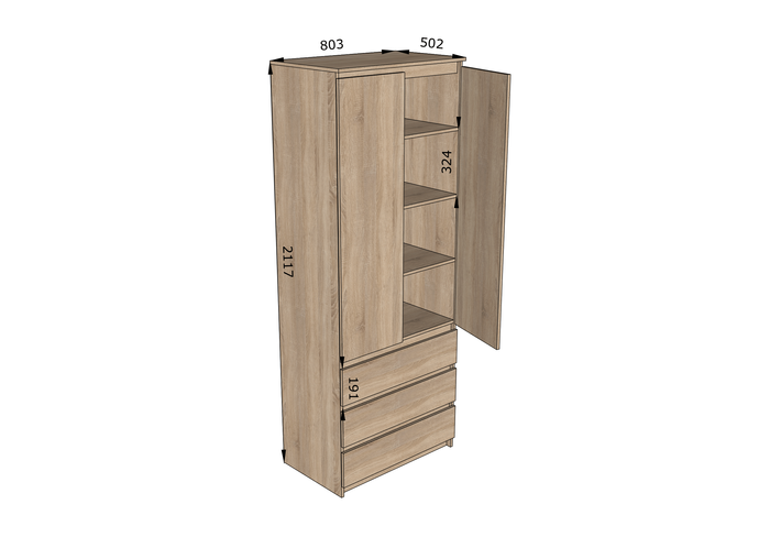 Шкаф распашной для одежды двухдверный с полочками и ящиками Moreli T-210 800х2110х500 Венге Белый