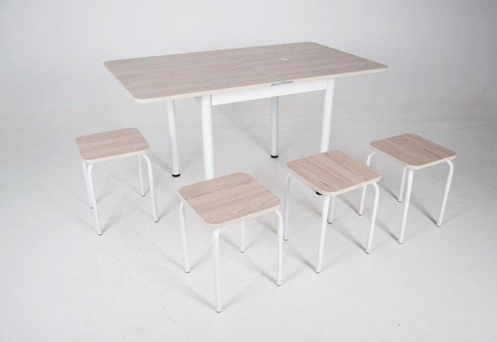 Розкладний стіл Тавол Гранди + 4 табурета з металевими білими ногами Ясень, Ясень+білий, 800, 700, 750